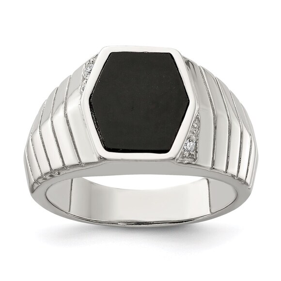 925 Sterling Silver Genuine Fine Jewelry Rhodium-plated Men'sCZ & Onyx Ring